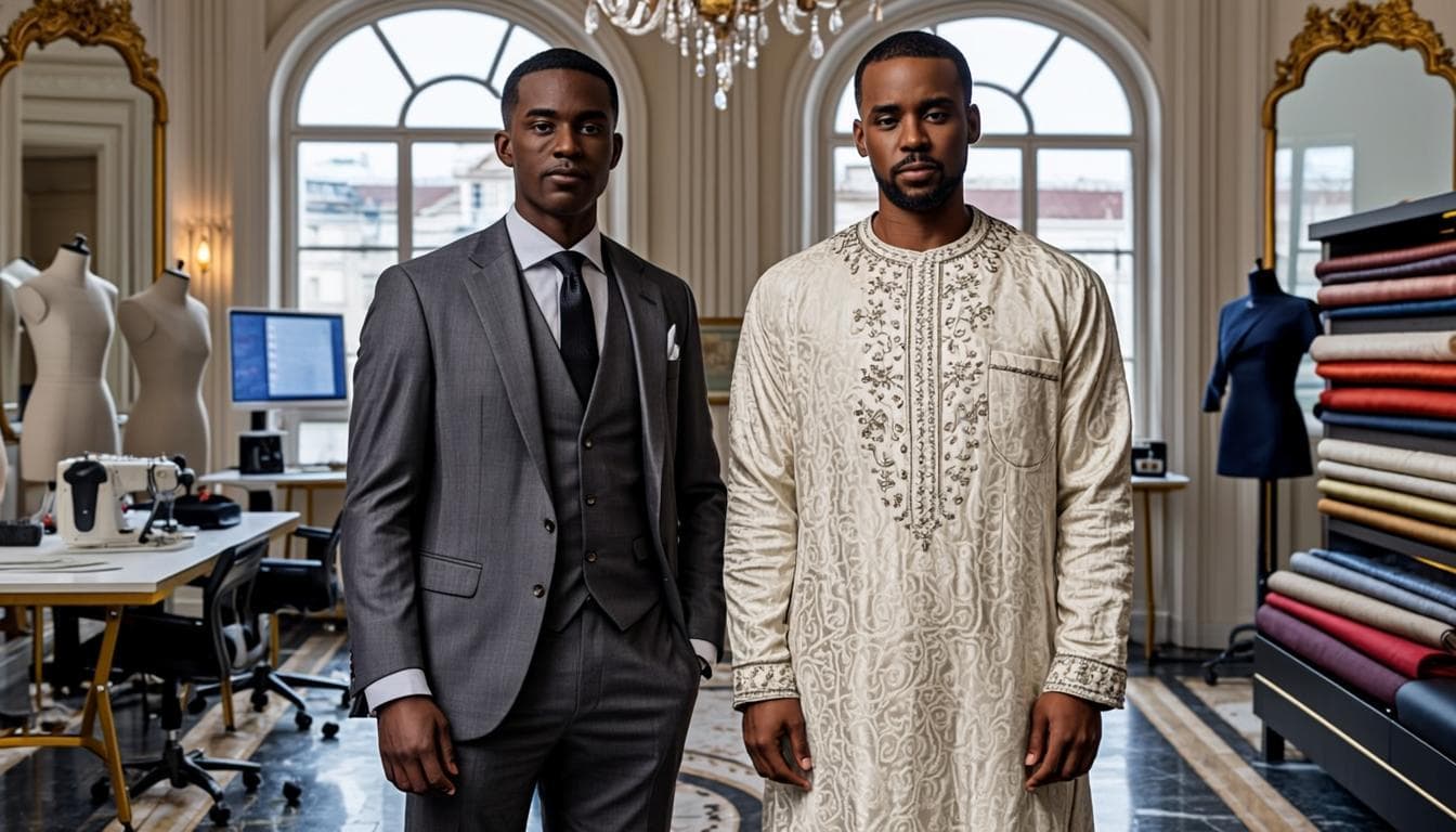 Atelier LEYE & LO — costume européen gris et boubou ivoire brodé, fusion des deux coutures